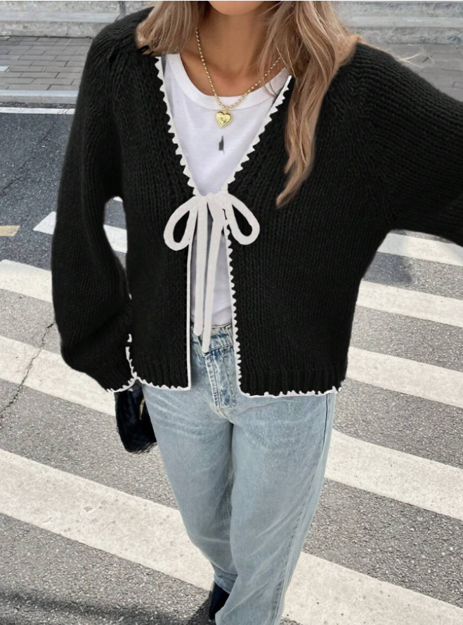 Women's cropped tie-front cardigan knit layer with contrast scalloped trim and bow closure