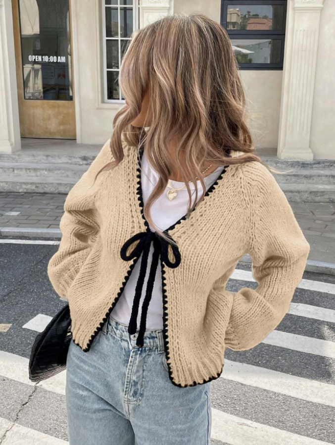 Women's cropped tie-front cardigan knit layer beige with contrast scalloped trim bow closure
