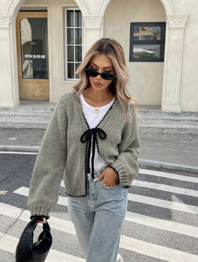 Women's cropped tie-front cardigan with contrast scalloped trim, casual chic knit layer in neutral tone