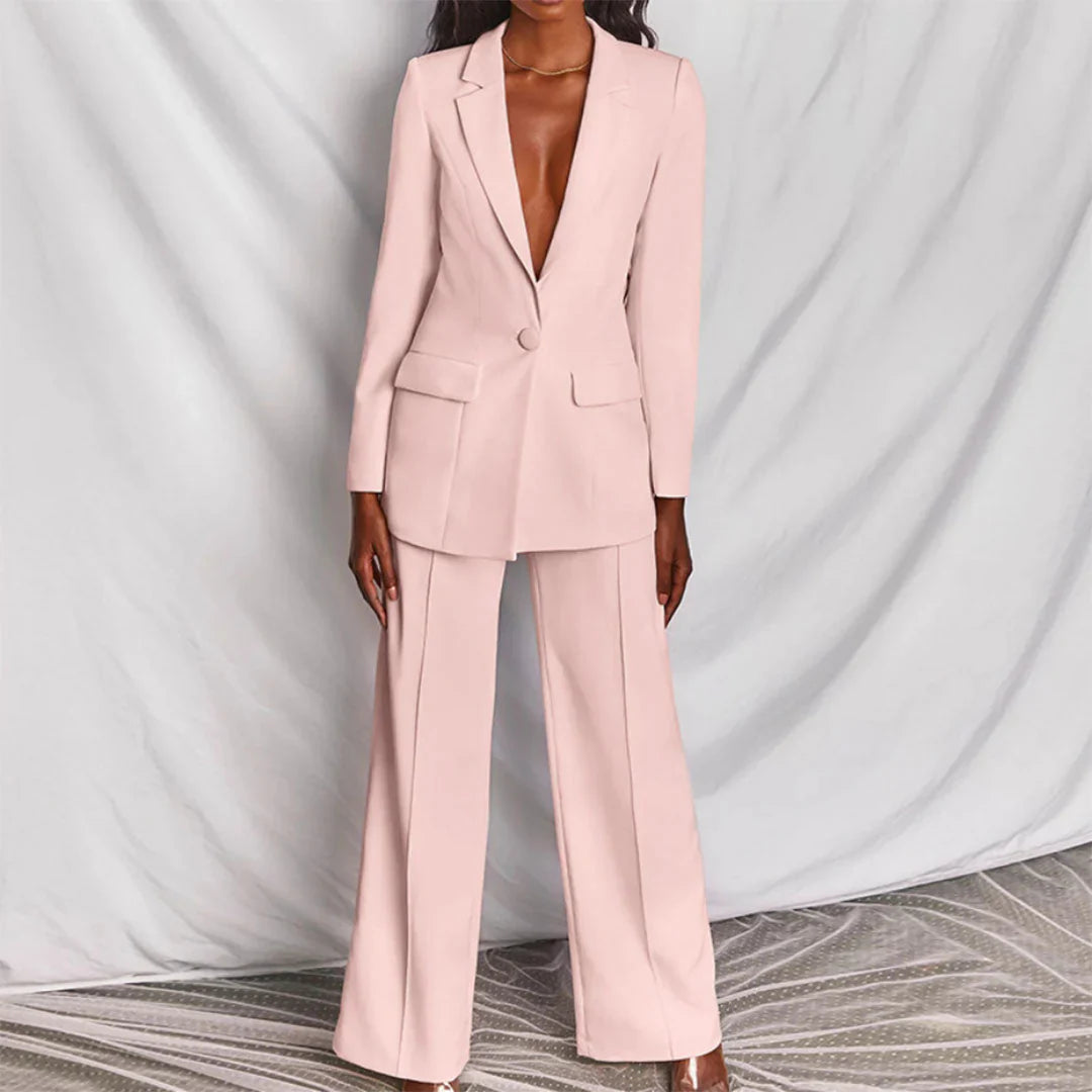 Women's longline blazer trouser suit deep V lapels wide-leg trousers professional tailored look