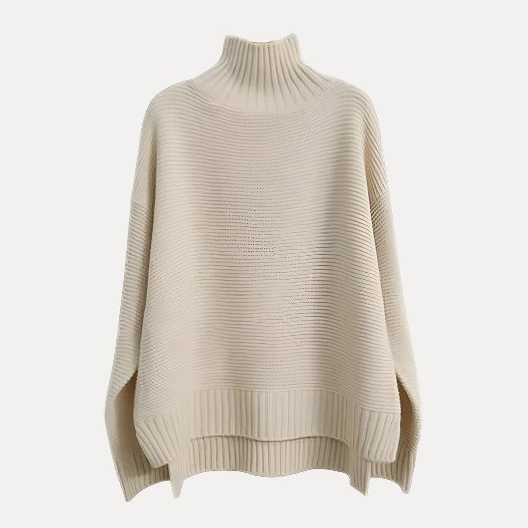 Women's relaxed-fit turtleneck sweater with ribbed detailing and side slit hem for effortless layering