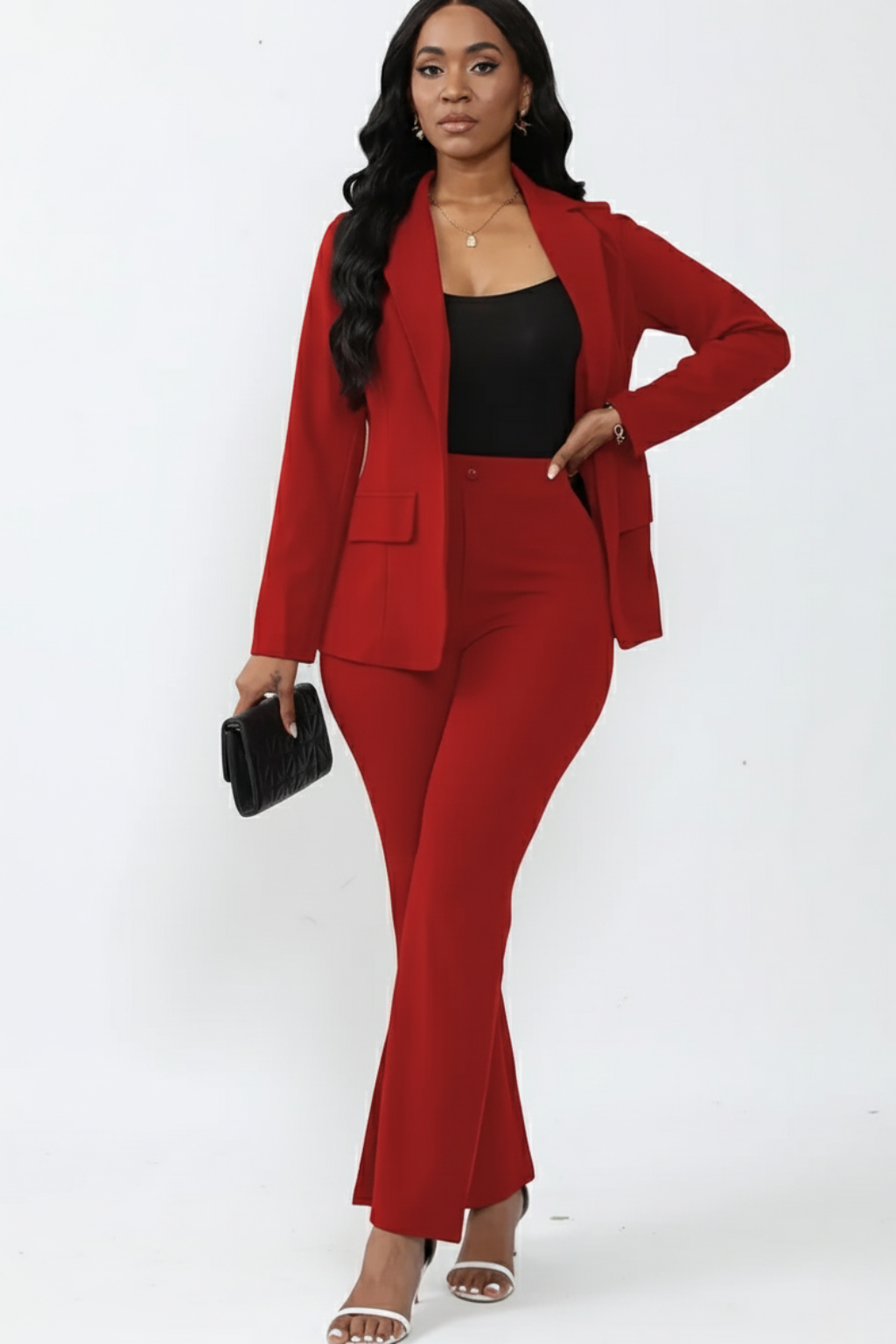 Women's tailored two-piece suit structured blazer straight trousers single-breasted professional style