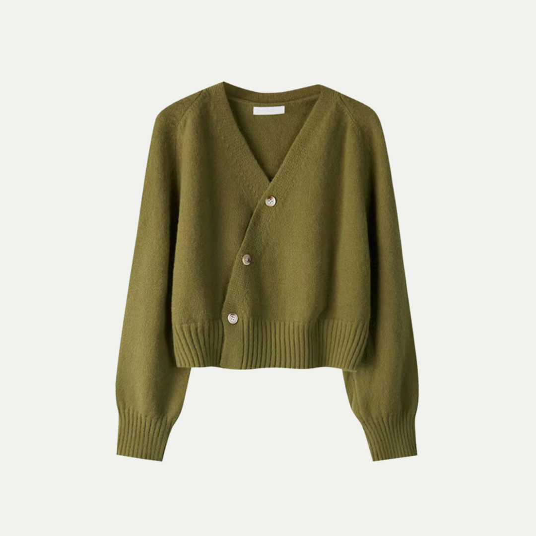 Women's asymmetric front button cardigan V-neck knit refined sculpted silhouette versatile layering