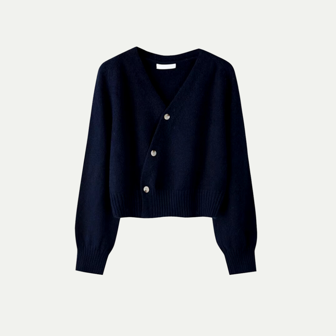 Women's V-neck button cardigan asymmetric front knit refined layering versatile smart-casual style