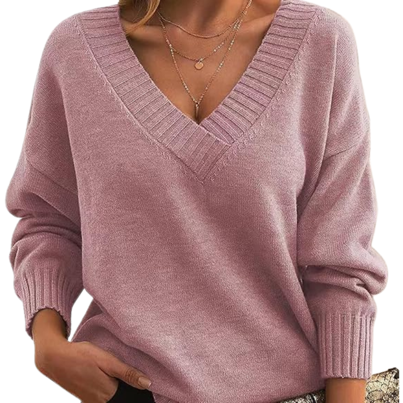 Women's relaxed-fit V-neck knitted sweater with soft drape and wide ribbed trim for effortless style