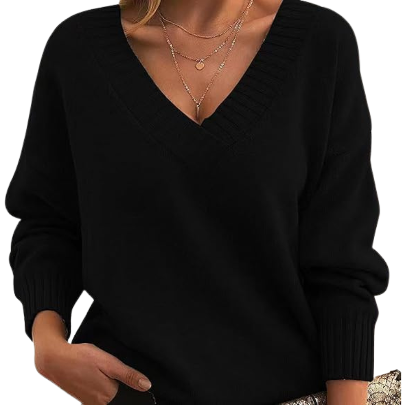 Women's relaxed fit V-neck knitted sweater with soft drape and deep ribbed neckline for effortless style