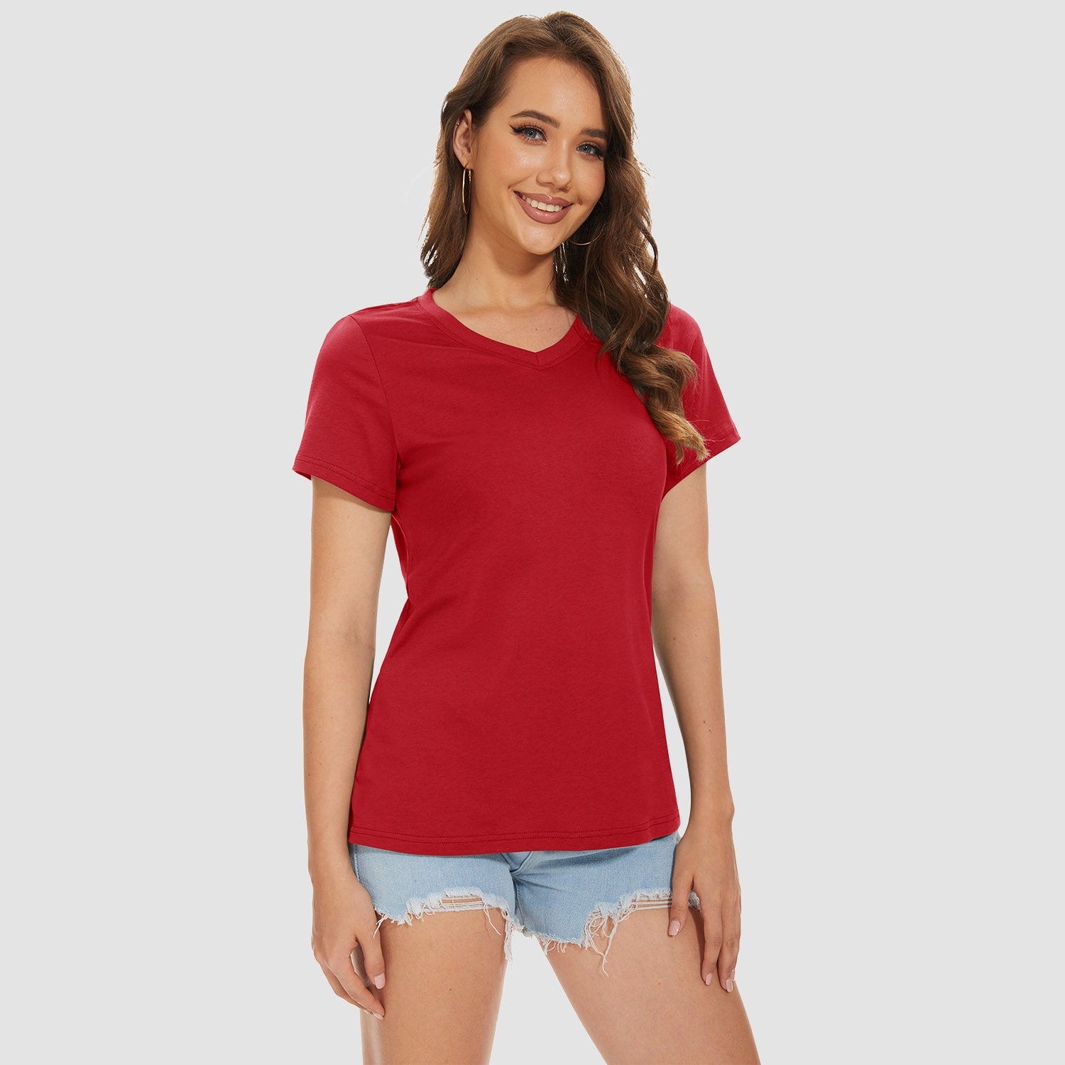 Women's V-neck quick-dry cotton t-shirt, lightweight breathable moisture-wicking top for active wear
