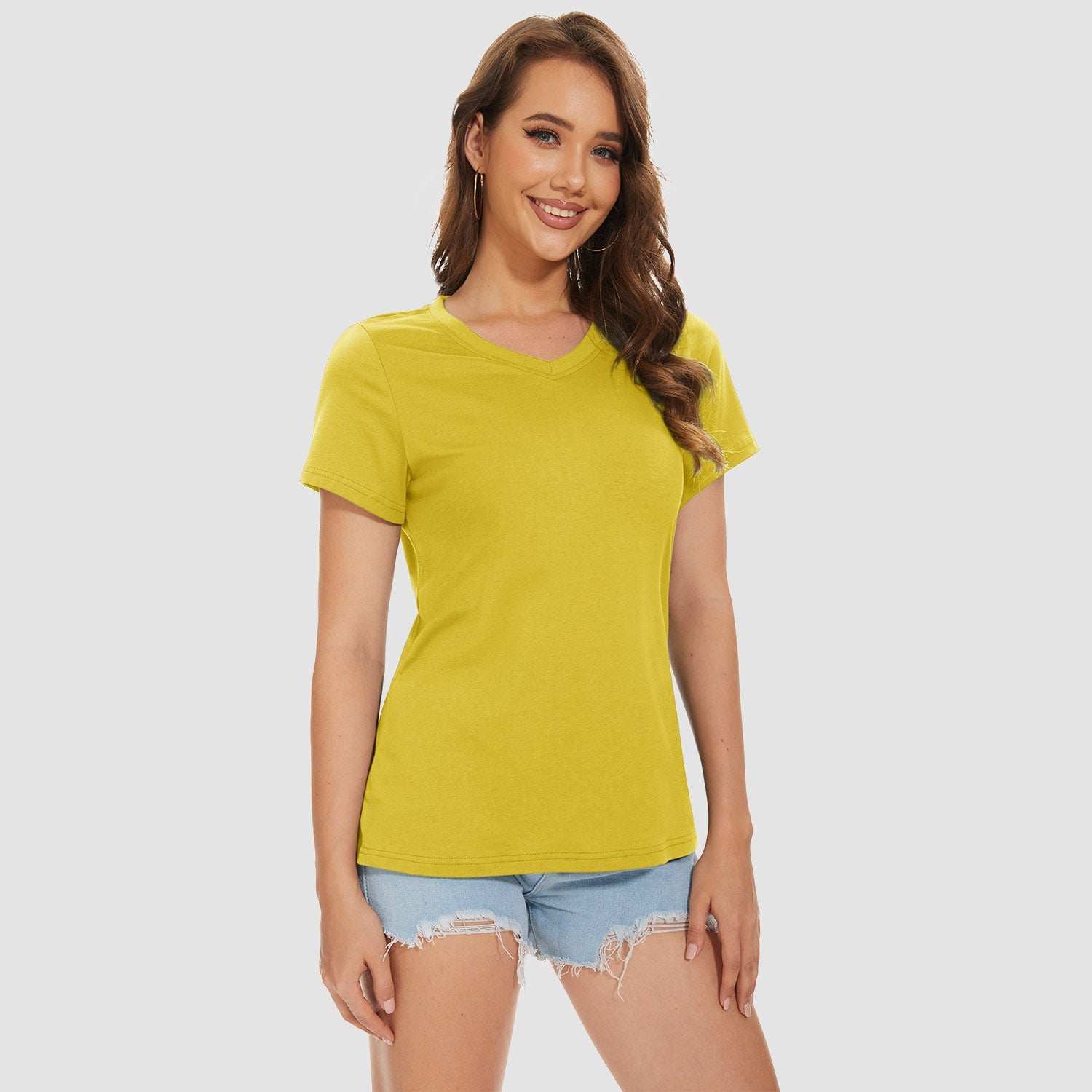 Women's V-neck quick-dry cotton t-shirt, breathable moisture-wicking active top in solid colors