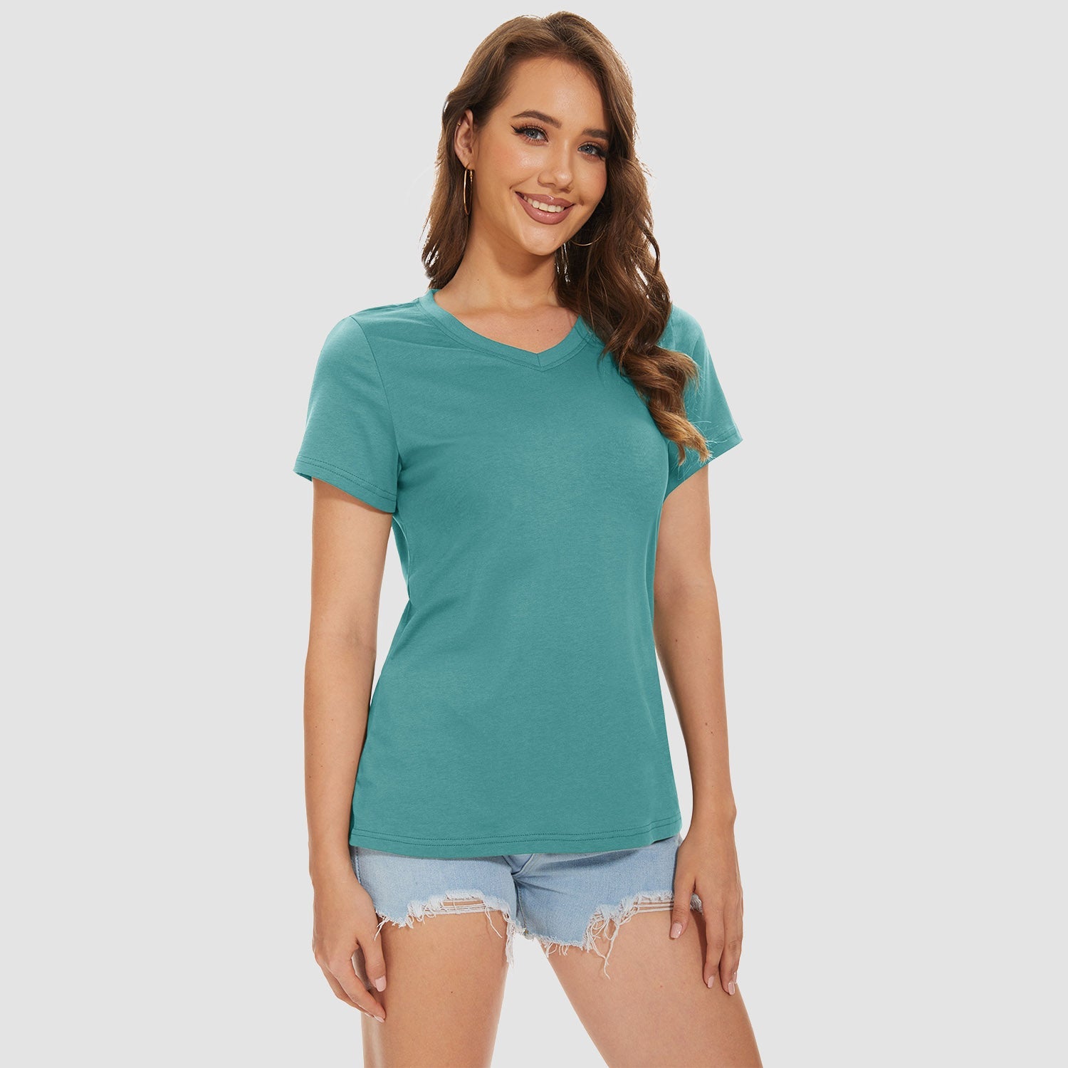 Women's V-neck quick-dry cotton T-shirt, breathable moisture-wicking active top in solid colors
