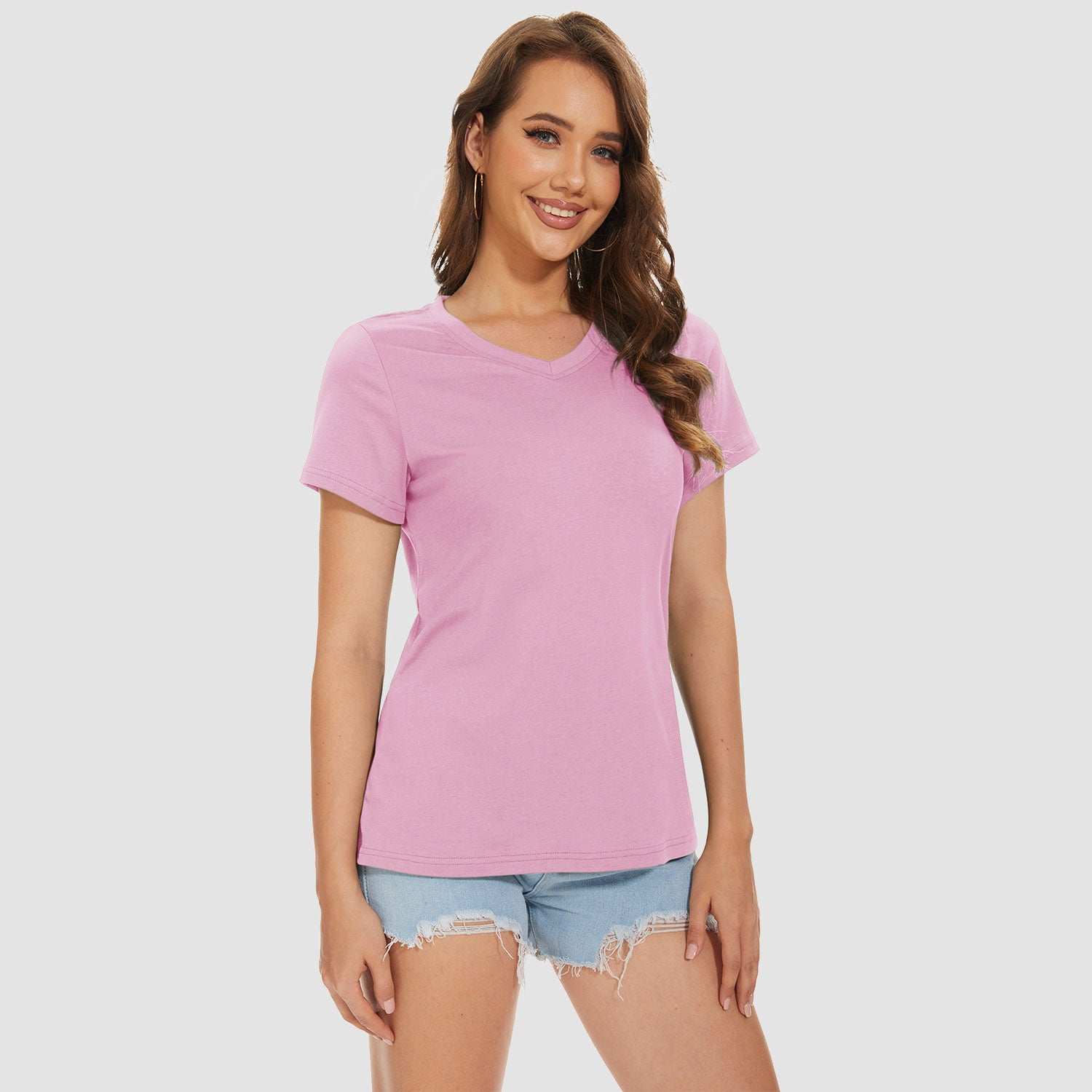 Women's V-neck quick-dry cotton T-shirt, breathable moisture-wicking active top in solid colors