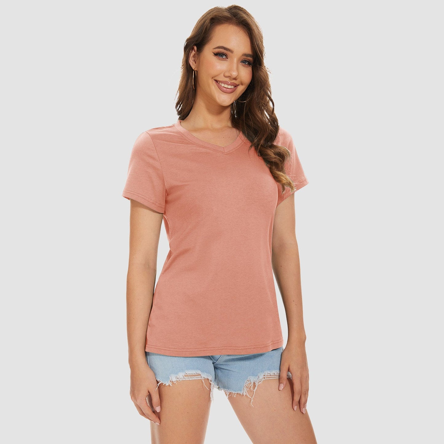 Women's V-neck quick-dry cotton t-shirt, breathable moisture-wicking active top in solid colors