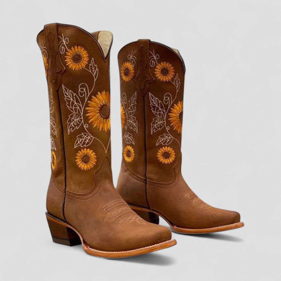 Women's western cowboy boots with floral embroidery, classic toe, stylish feminine design for daily wear