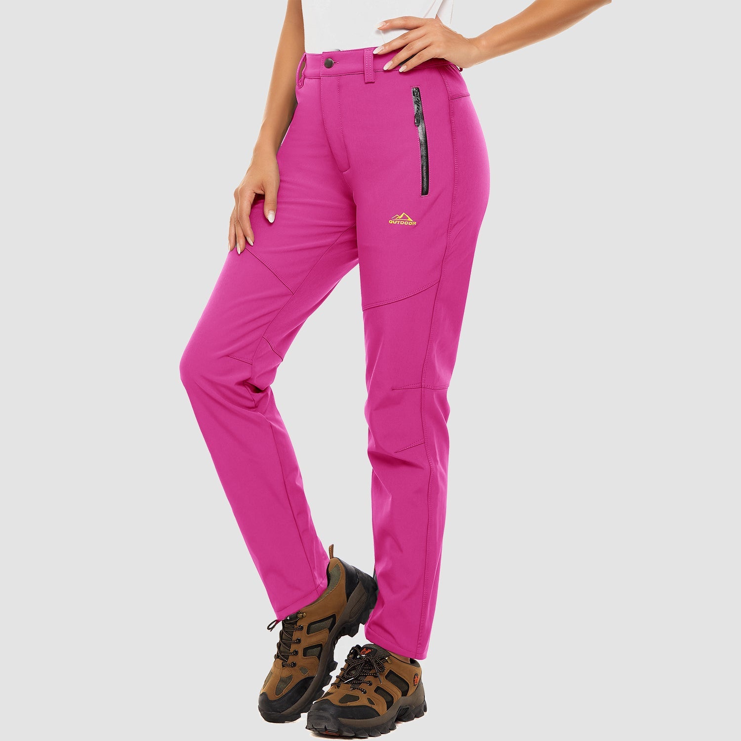 Women's waterproof fleece-lined ski pants with windproof softshell and dual front zip pockets for winter warmth