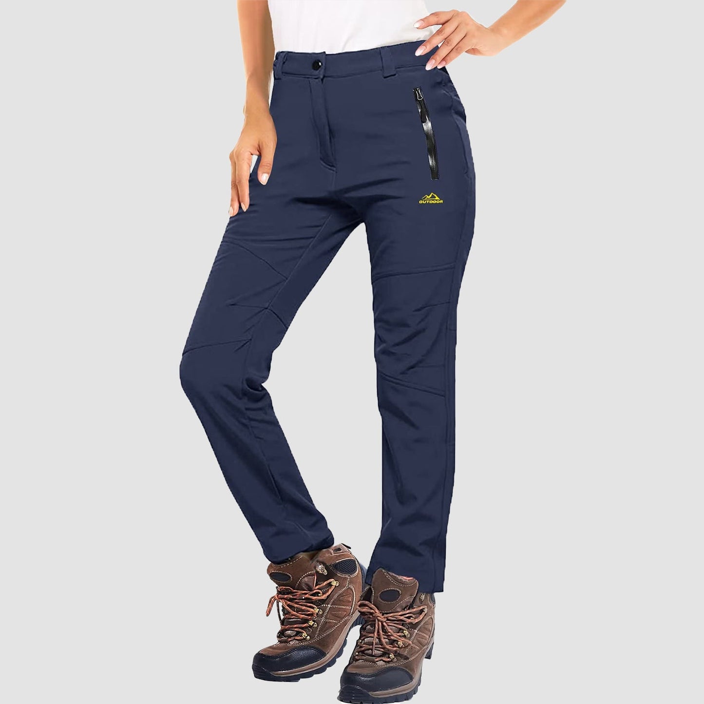 Women's waterproof black ski pants fleece-lined windproof softshell with two front zip pockets