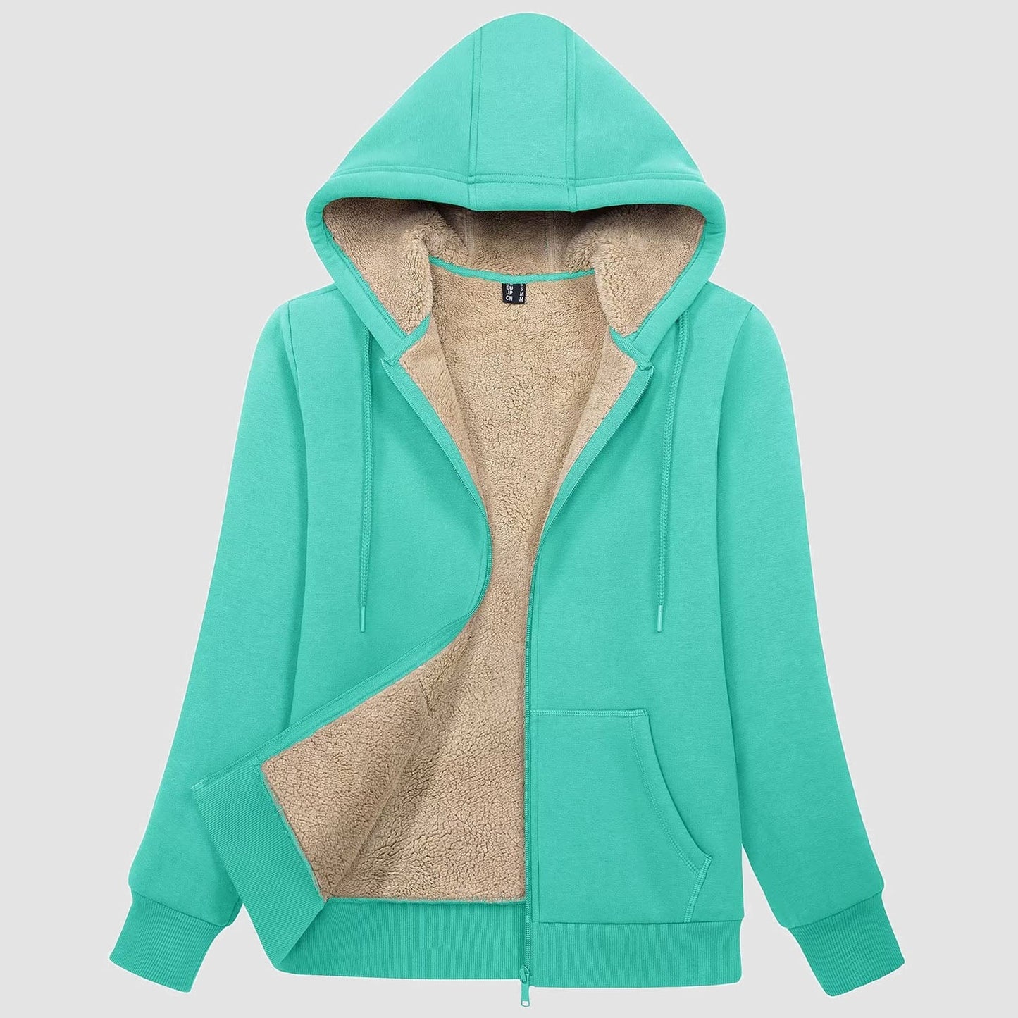 Women's zip-up sherpa lined fleece hoodie jacket with warm pockets and cozy cotton-spandex outer layer