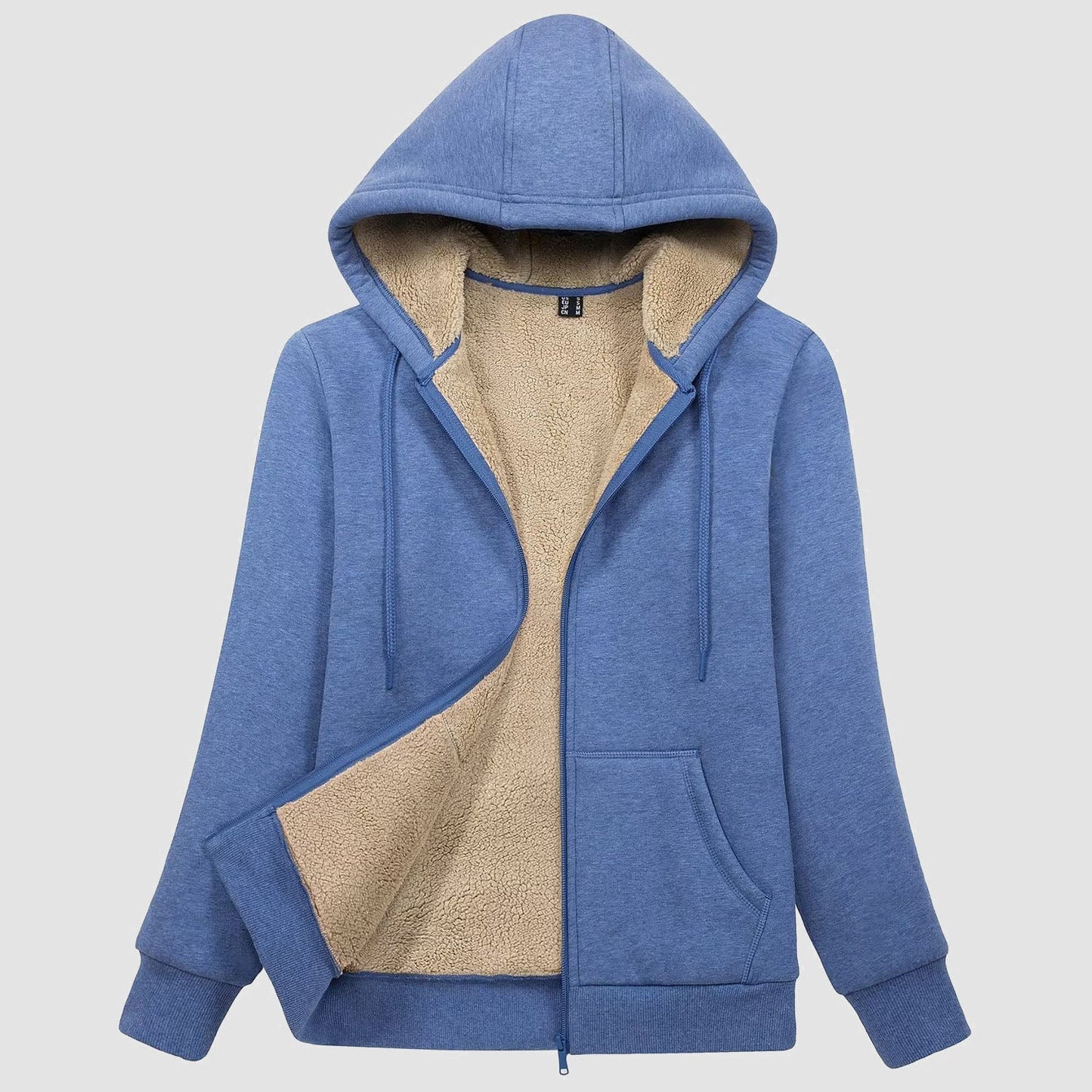 Women's zip-up sherpa-lined fleece hoodie jacket with warm pockets, cozy cotton-spandex outer layer