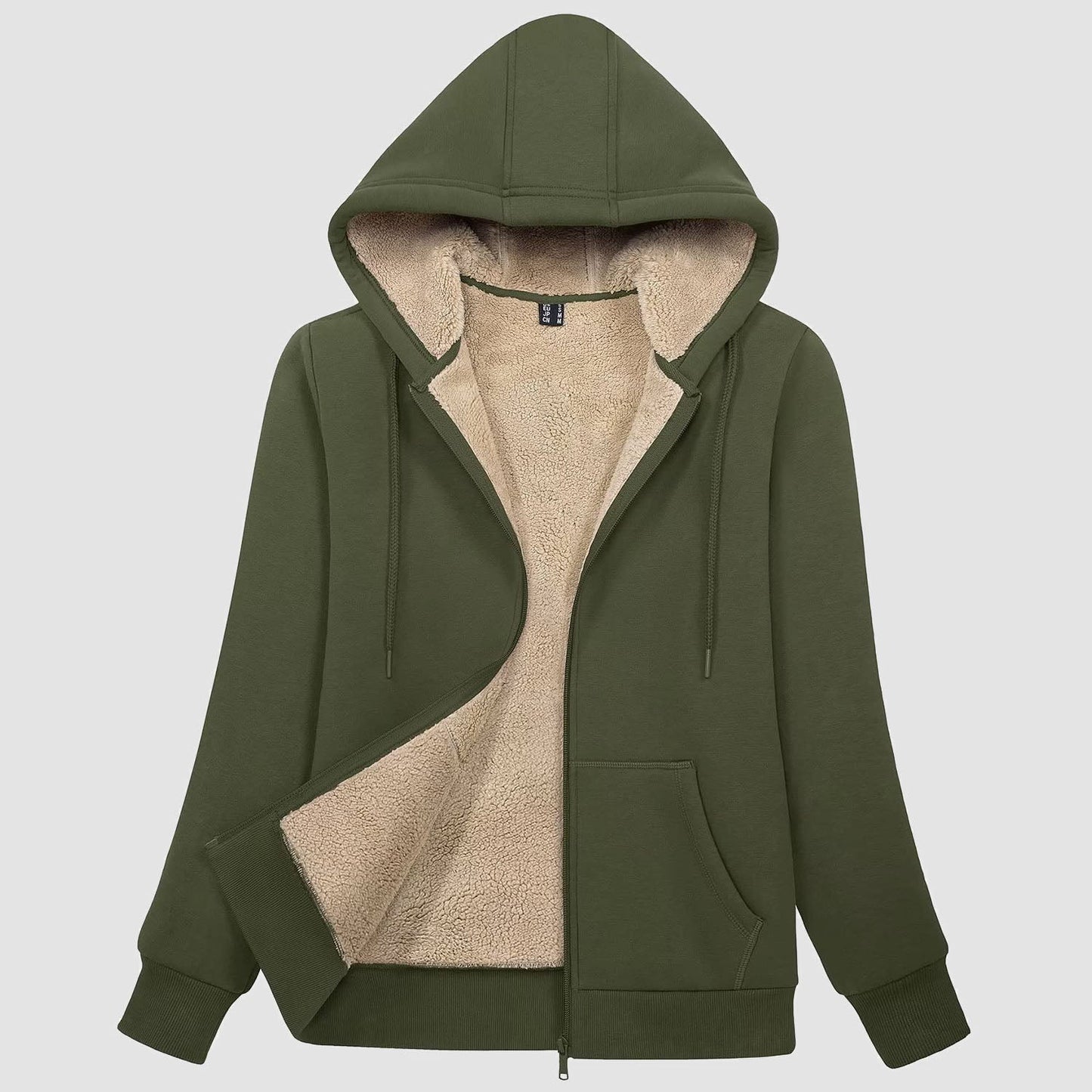 Women's zip-up fleece hoodie jacket with cozy sherpa lining, warm winter outerwear featuring side pockets