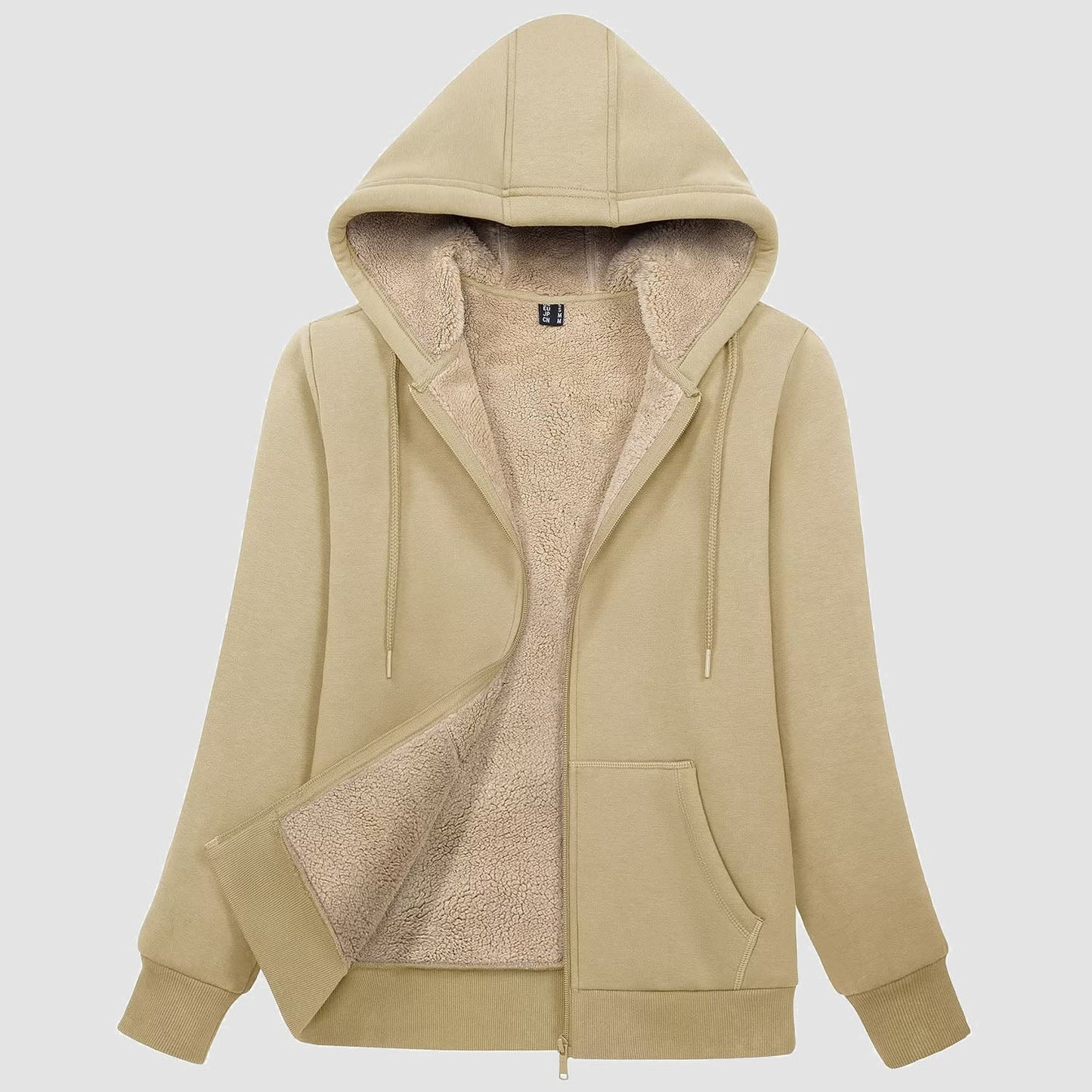 Women's zip-up sherpa lined fleece hoodie jacket with warm pockets and cozy cotton-spandex outer layer