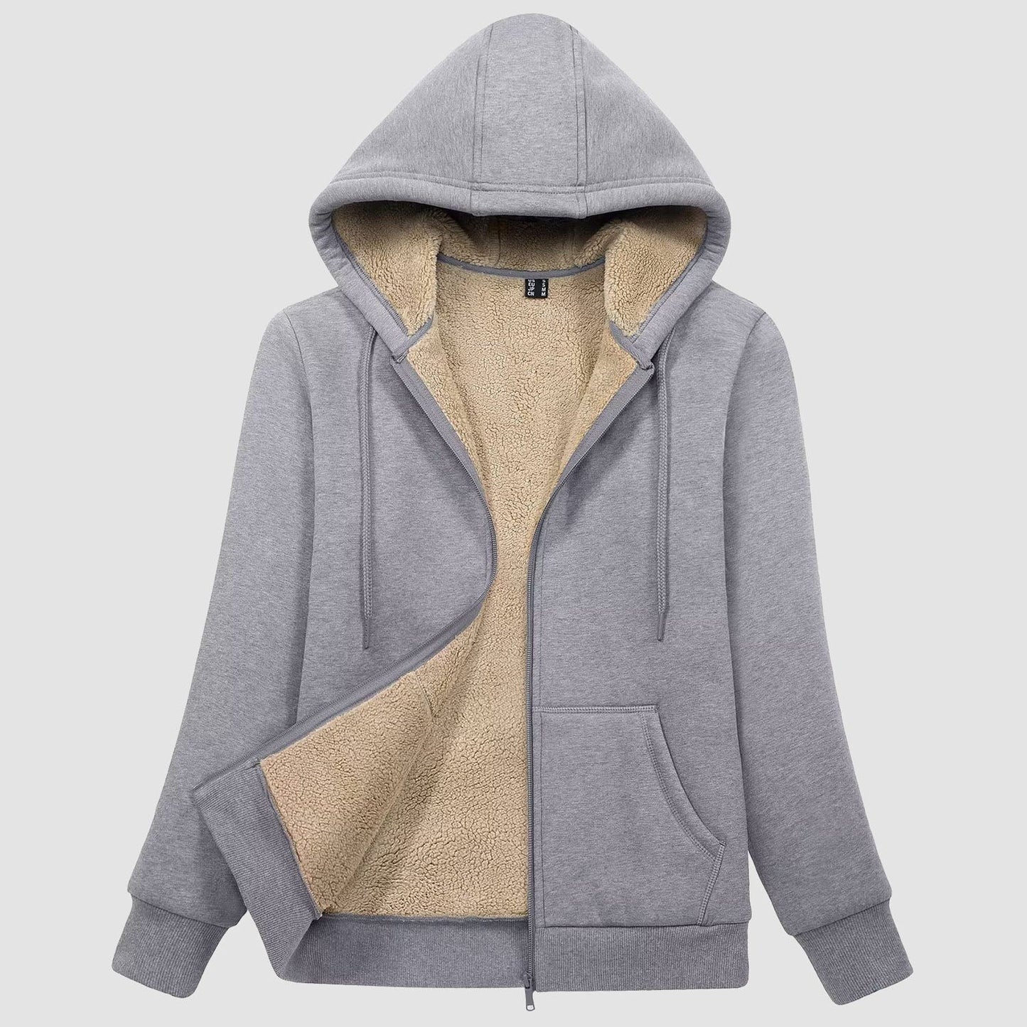 Women's zip-up fleece hoodie jacket with sherpa lining, warm pockets, cozy cotton-spandex outer layer