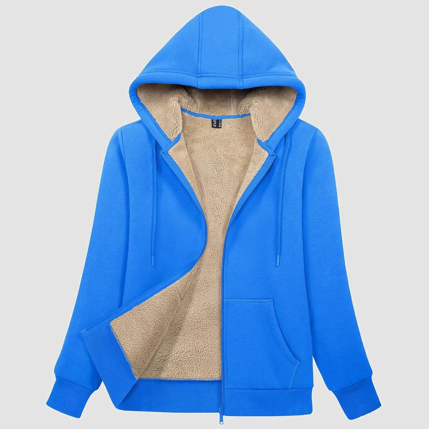 Women's zip-up sherpa-lined fleece hoodie jacket with warm pockets, cozy cotton-spandex outer layer
