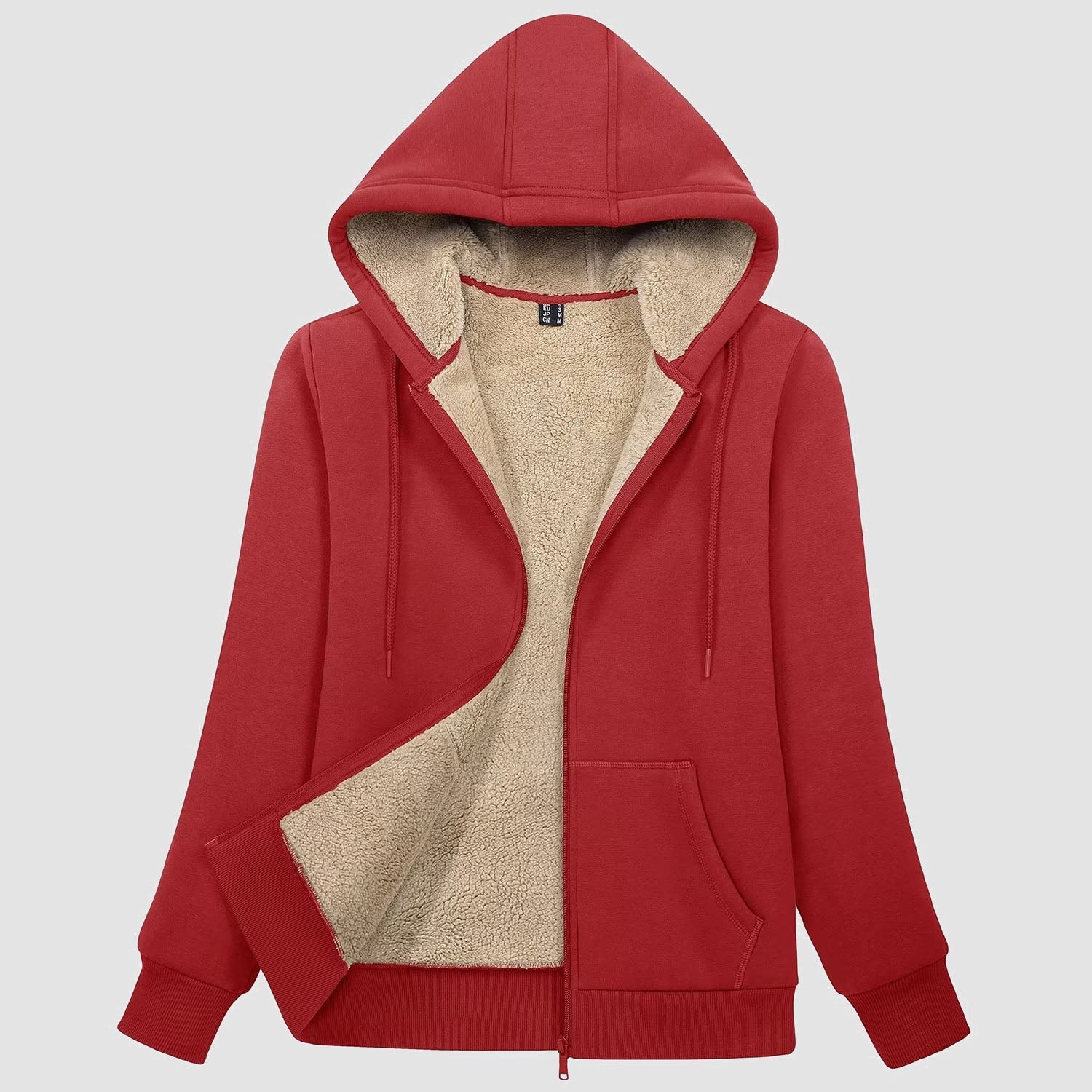 Women's zip-up sherpa-lined fleece hoodie jacket in neutral tone with warm pockets and cozy inner layer