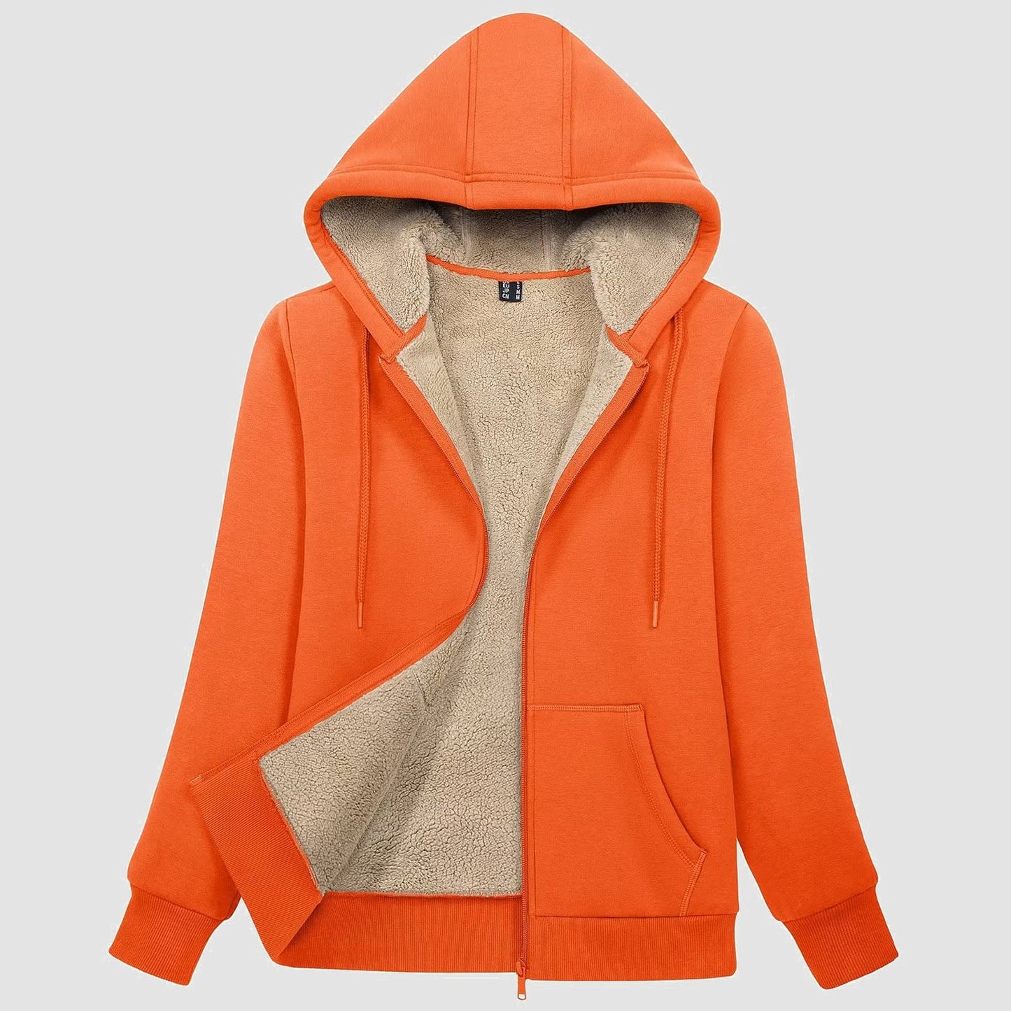 Women's zip-up sherpa lined fleece hoodie jacket with warm pockets and cozy cotton-spandex outer layer