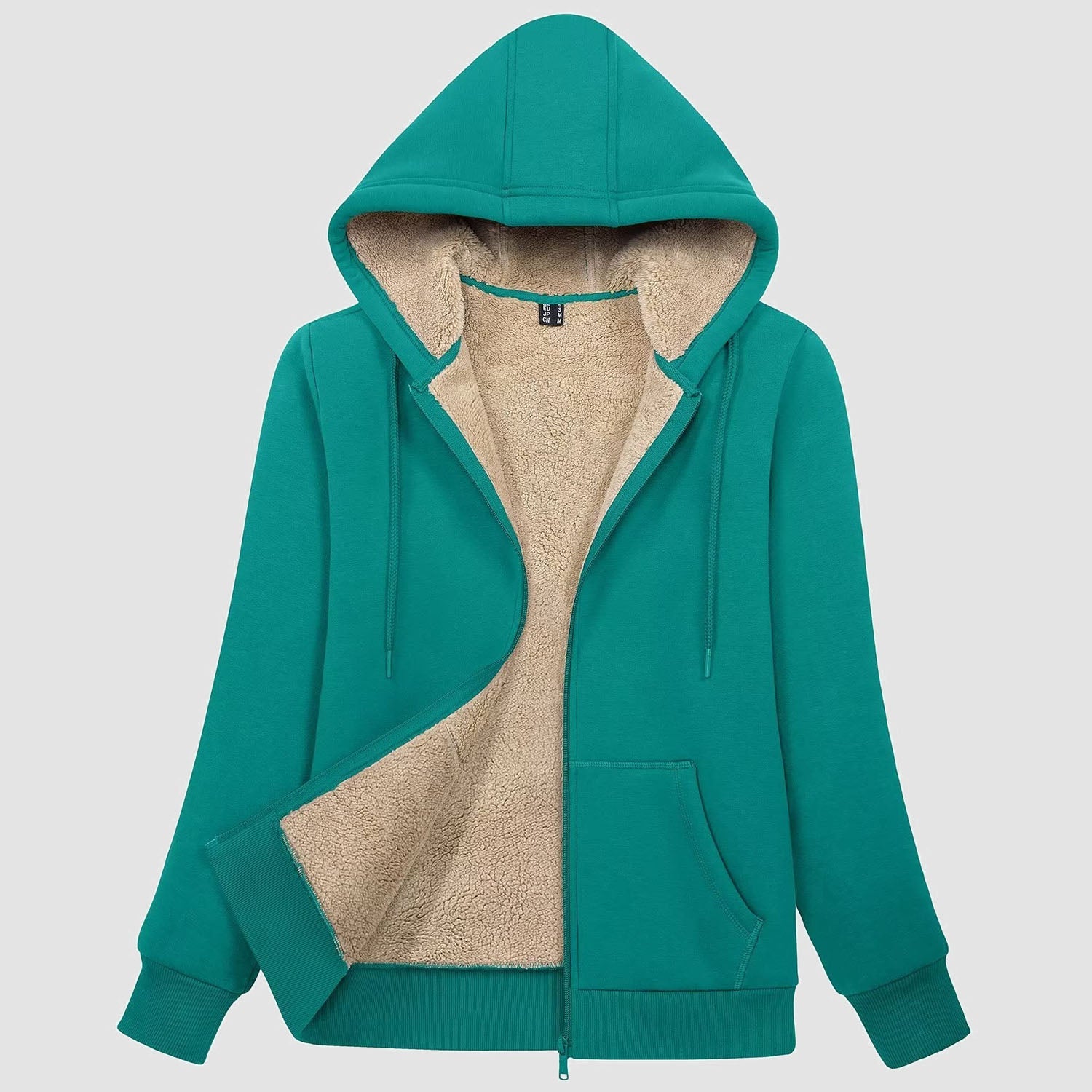 Women's zip-up sherpa-lined fleece hoodie jacket with warm pockets, cozy cotton-spandex outer layer