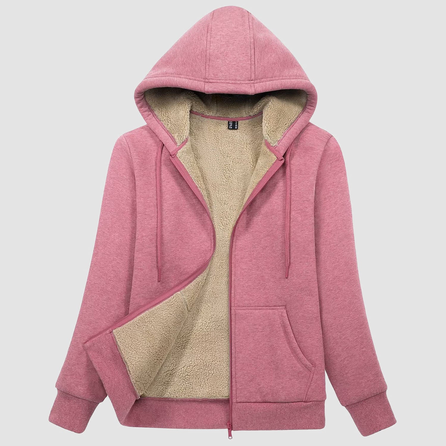 Women's zip-up sherpa-lined fleece hoodie jacket, cozy cotton-spandex outer with plush polyester inner