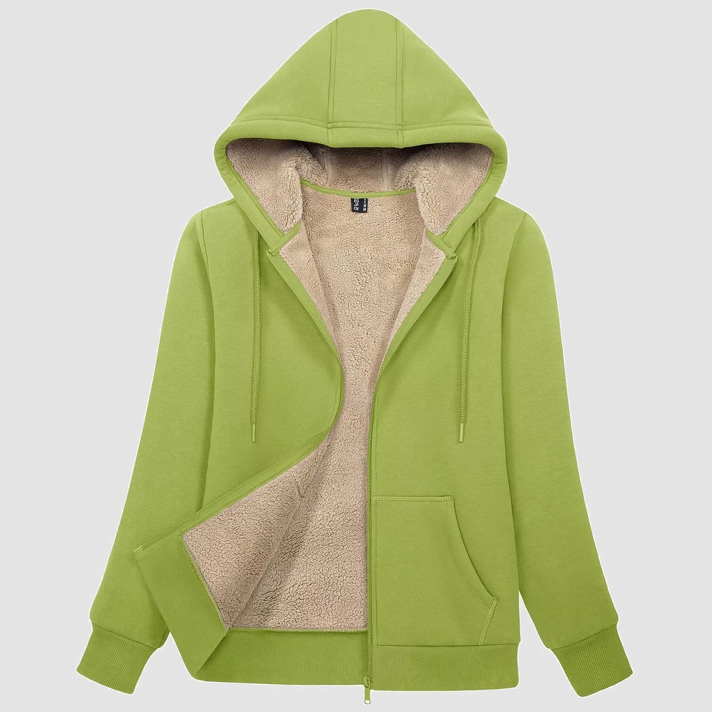 Women's zip-up sherpa-lined fleece hoodie jacket with warm pockets, cozy cotton-spandex outer layer