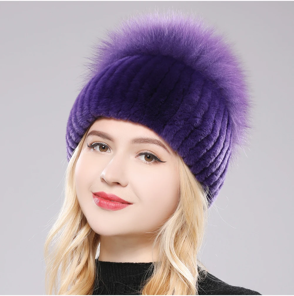 Giovanna women's luxury beanie genuine fox rabbit fur plush stretch fit cold-weather winter hat
