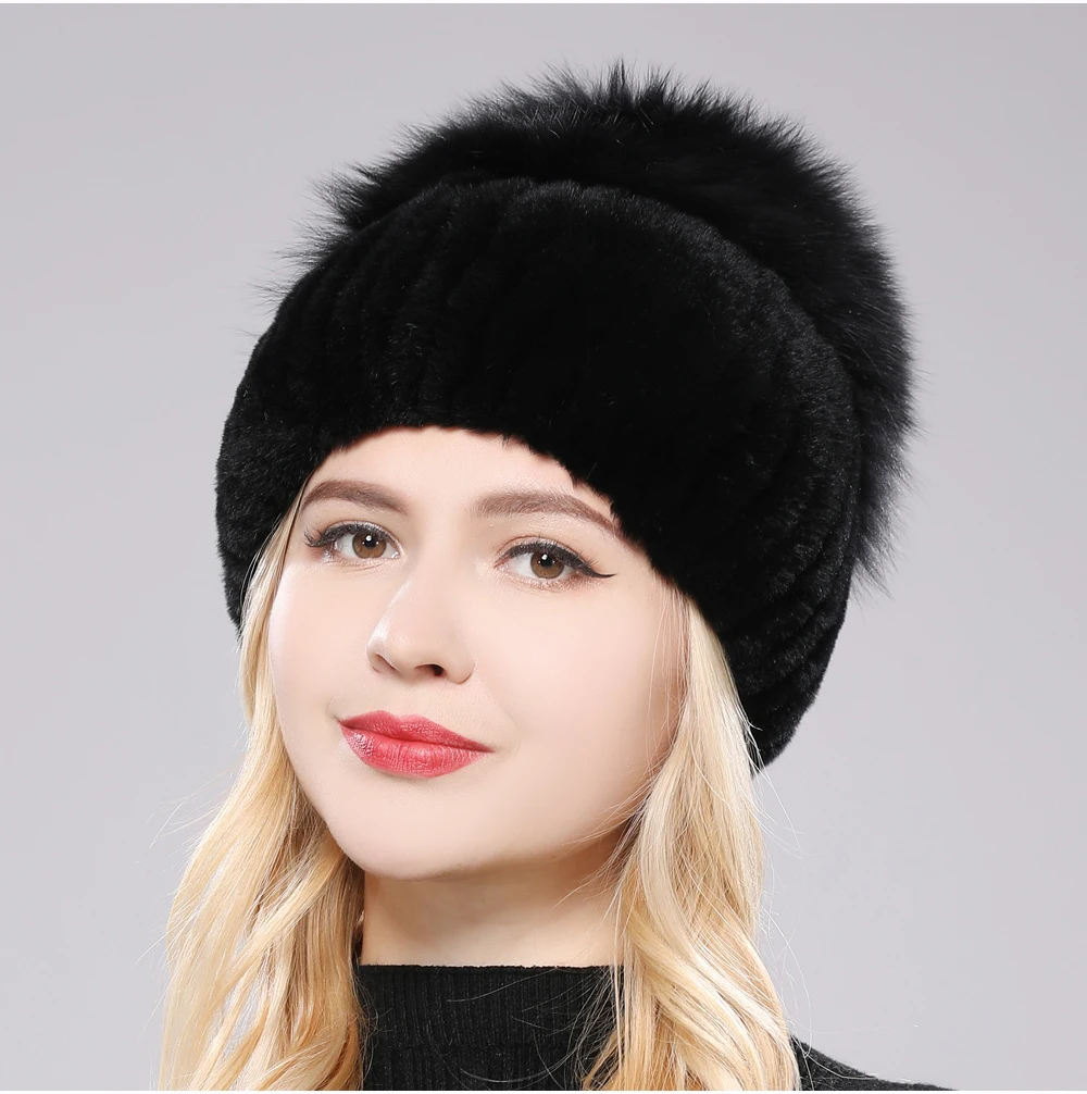 Giovanna luxury genuine fox rabbit fur beanie women plush stretch fit cold-weather winter hat