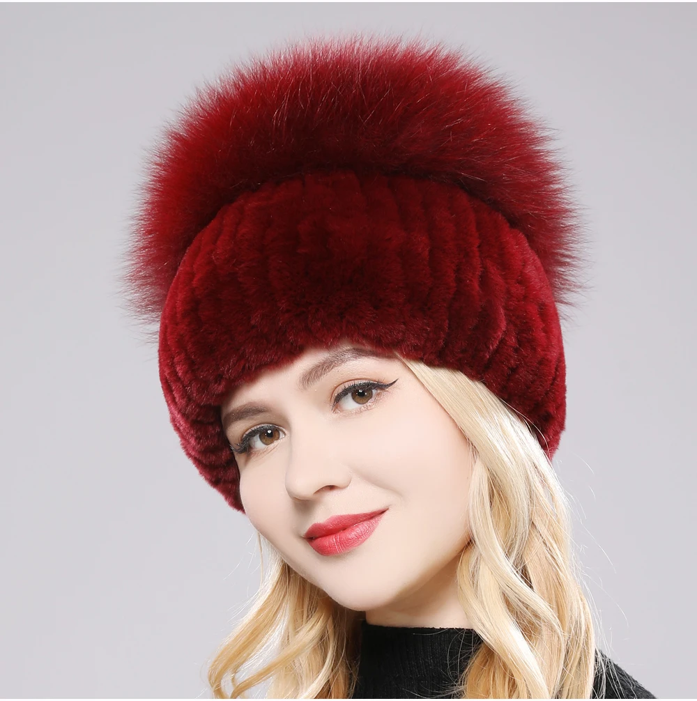 Giovanna women's luxury fox rabbit fur beanie plush stretch fit warm winter hat