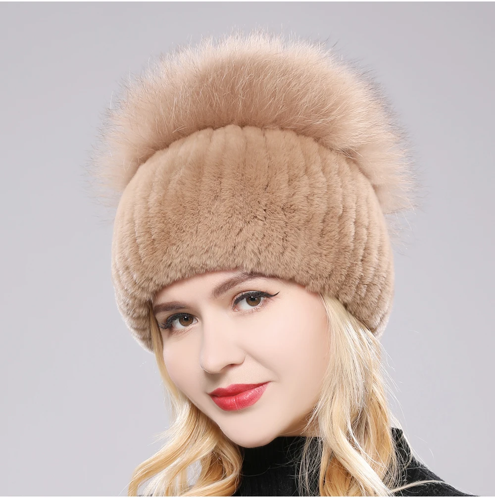 Giovanna women's luxury genuine fox rabbit fur beanie plush stretch fit cold-weather winter hat