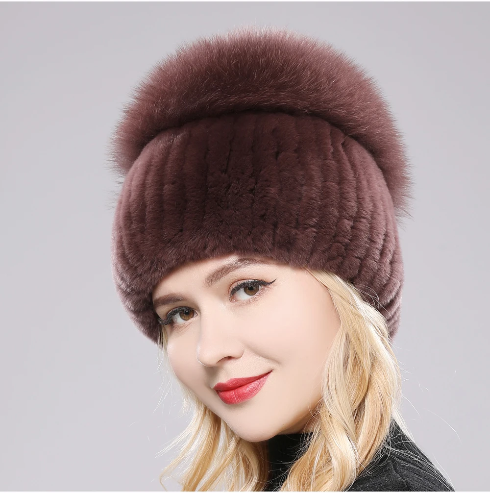 Giovanna women's luxury fox rabbit fur beanie plush stretchy fit cold-weather winter hat