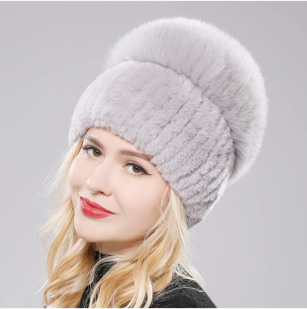 Giovanna luxury fox rabbit fur beanie women plush stretch fit warm winter hat natural brown