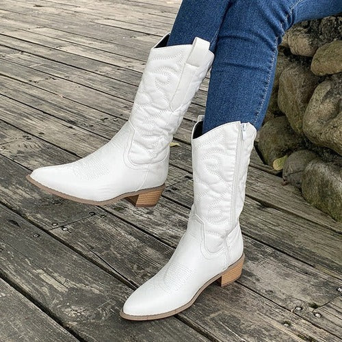 Women's brown western cowboy boots high shaft rodeo-style pointed toe everyday versatile