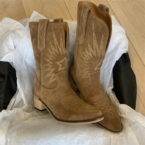 Women's western boots high shaft rodeo-style tan leather with intricate stitching detail