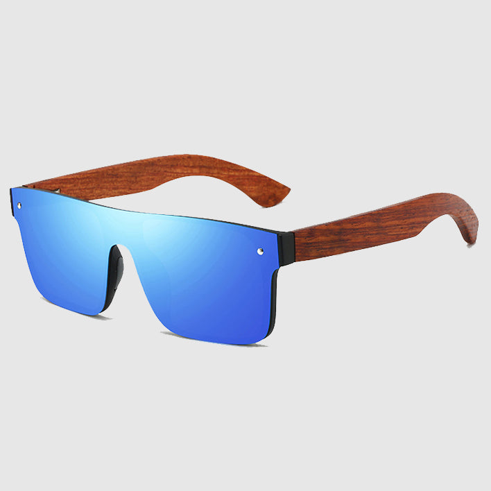 Woodfire Optics Stratos wraparound sunglasses wooden-tone frame polarized red lenses UV protection
