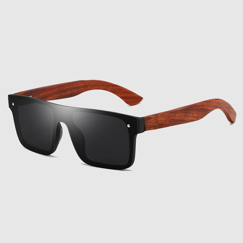 Woodfire Optics Stratos wraparound sunglasses wooden-tone frame polarized red lenses UV protection