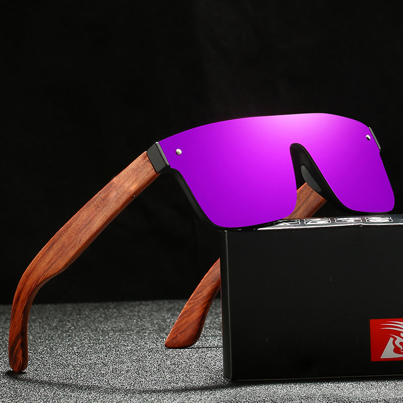 Woodfire Optics Stratos wraparound sunglasses wooden-tone frame polarized red lenses UV protection