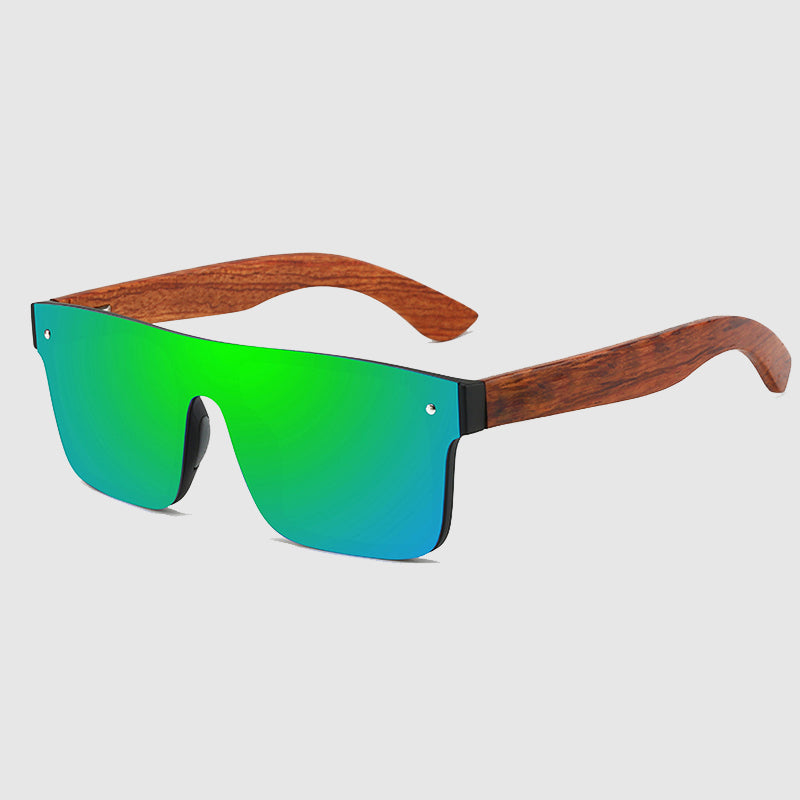Woodfire Optics Stratos wraparound sunglasses wooden-tone frame polarized red lenses UV protection