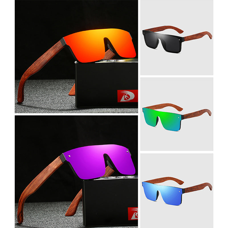 Woodfire Optics Stratos wraparound sunglasses wooden-tone frame red polarized lenses UV protection