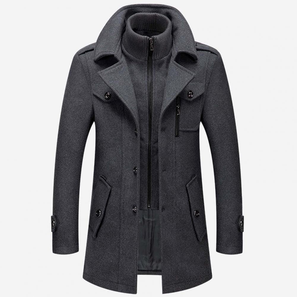 Men's wool blend stand collar coat, structured silhouette with practical pockets, weather-ready layering