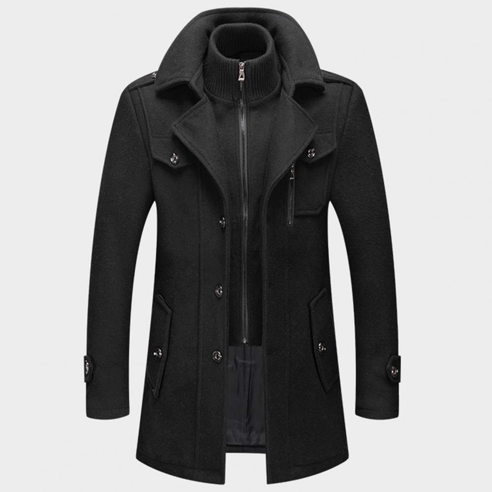 Men's wool blend stand collar coat, structured silhouette with practical pockets, weather-ready layering