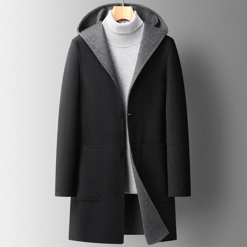 Charcoal wool-blend hooded overcoat tailored slim fit with built-in hood for urban men