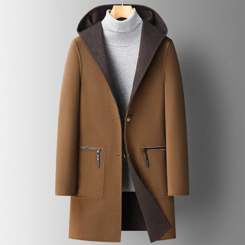 Charcoal wool-blend hooded overcoat tailored slim fit with built-in hood for urban men