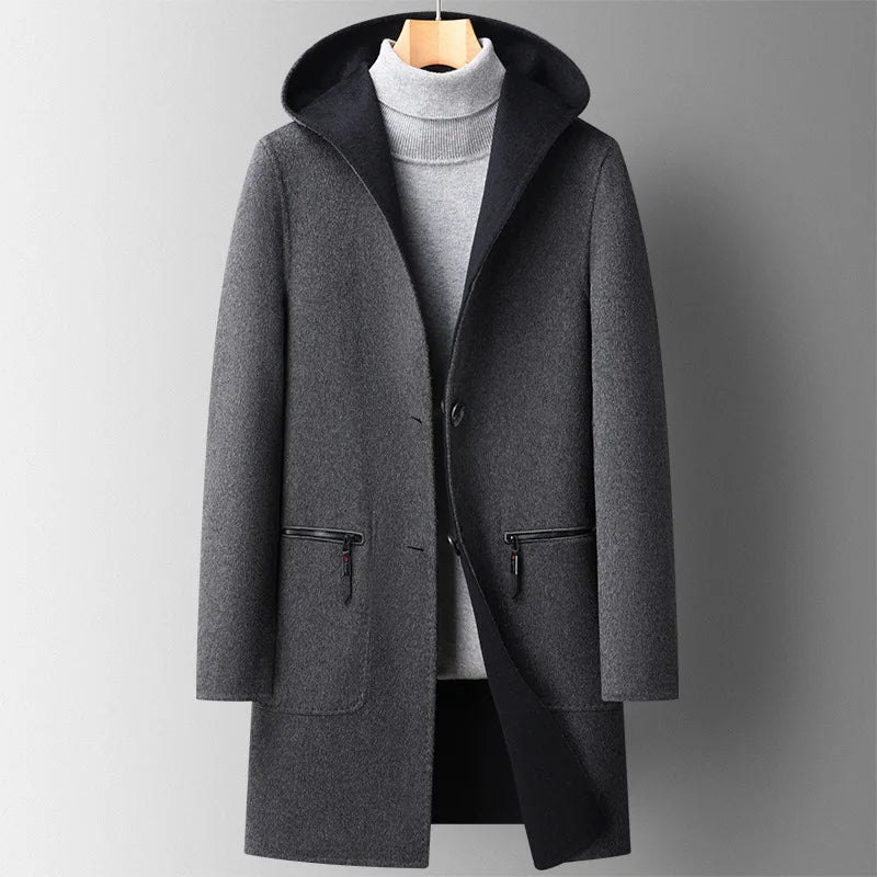 Charcoal wool-blend hooded overcoat tailored slim fit with built-in hood for urban men