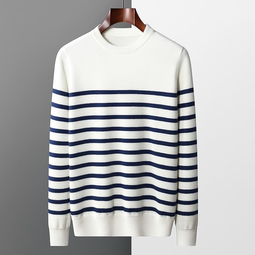 Men's ribbed striped crewneck sweater long sleeve regular fit hip-length winter knit