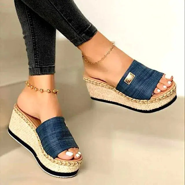 Women's woven jute wedge sandals slip-on open toe with natural textured platform summer chic