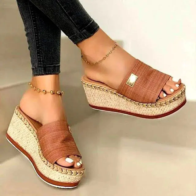 Women's woven jute wedge sandals slip-on open toe summer style with natural textured platform
